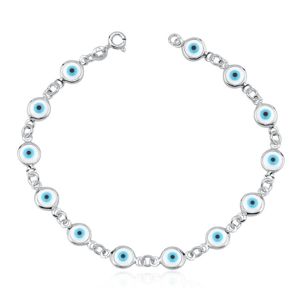 Pulseira Prata 925 Olho Grego Branco e Azul