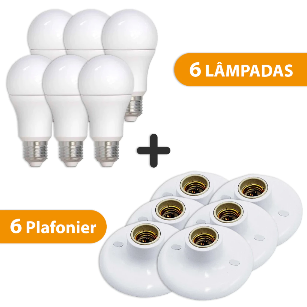 Kit 06 Plafon Plafonier Branco Bocal E27 + 06 Lâmpada Led 9w Branco Frio — imagem 1