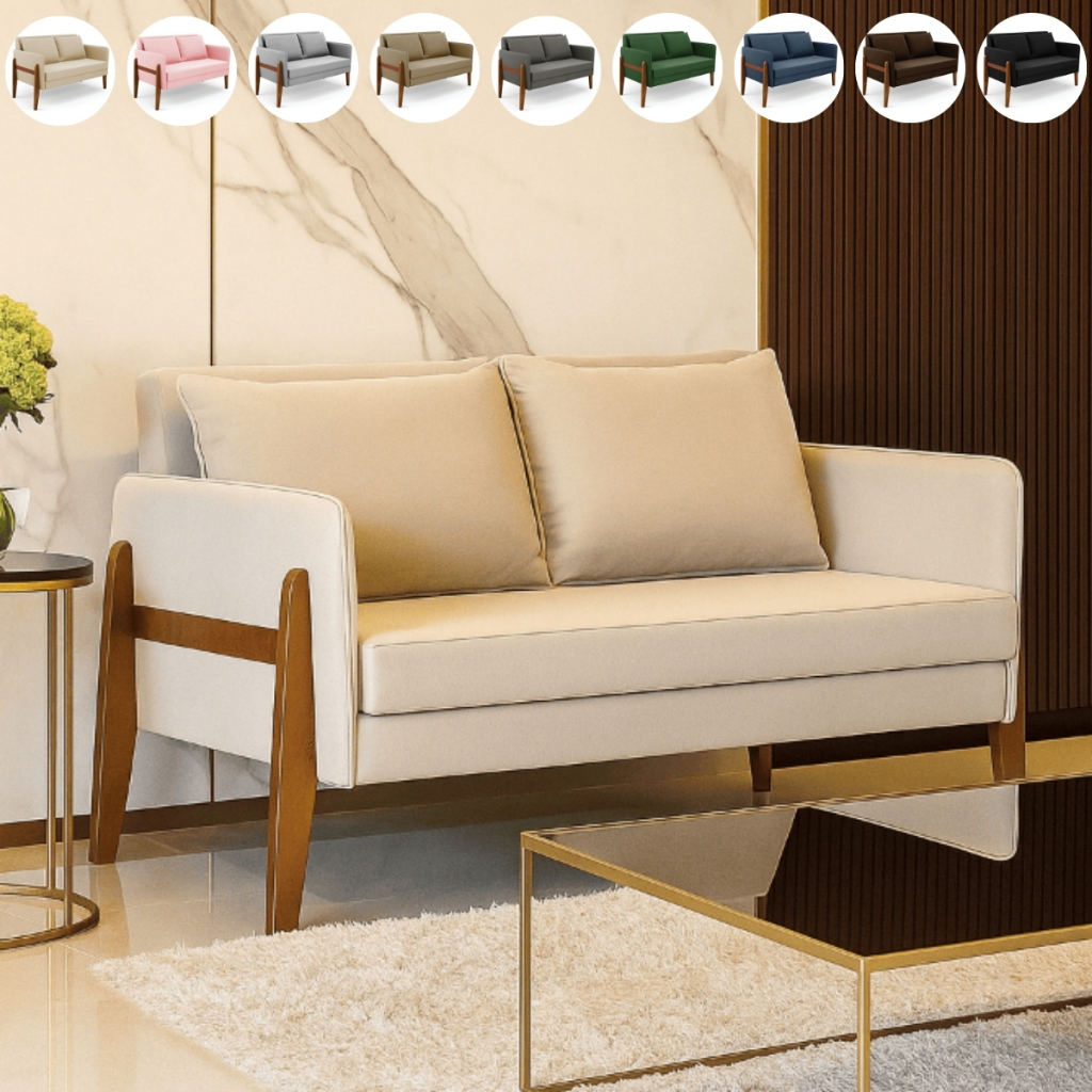Sofá Namoradeira 2 Lugares Lana Suede Base Madeira Sala Escritório Salão de Beleza Clínica Recepção