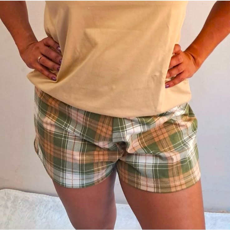 Shorts Feminino Adulto Estampado Algodão Roupa de Dormir Shortinho Xadrez Curto Confortável Bermuda Leve Verão