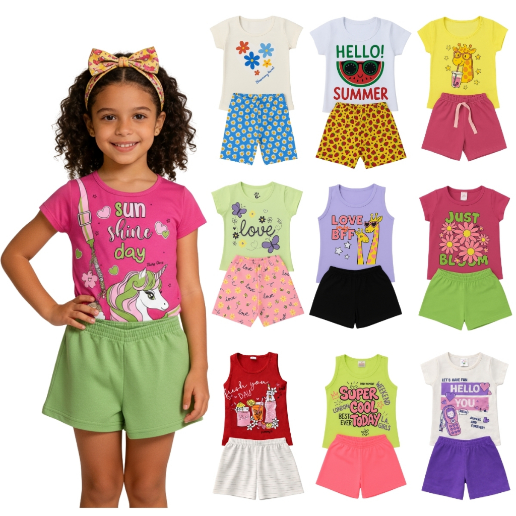 Kit com 2, 6 ou 10 Peças Roupa Infantil Menina Verão Conjunto Sortido Estampado Camiseta + Shorts