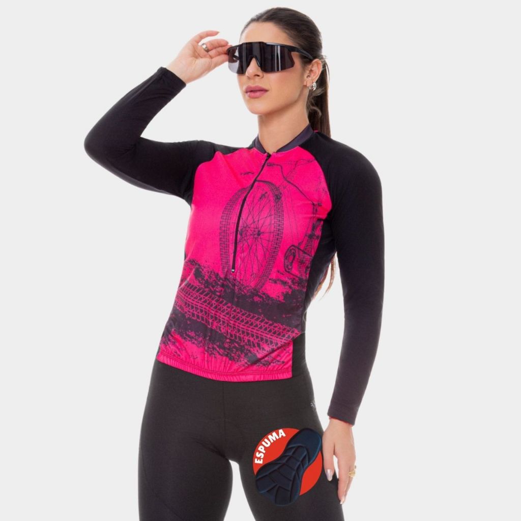 Kit Conjunto Pedal Feminino Camisa Blusa Manga Longa Bermuda Forro Espuma D70