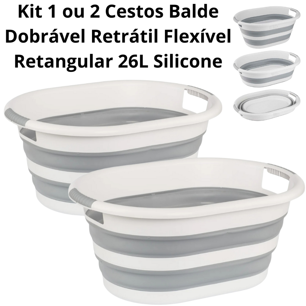 Kit Conjunto 1 ou 2 Cestos Balde Dobrável Retrátil Flexível Retangular 26L Silicone Lavanderia Powermaid