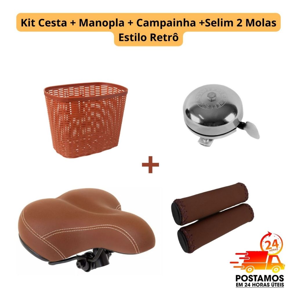 Kit Para Bicicleta Cesta + Campainha retro + Manopla Vintage Retro + Selim 2 Mola Marrom Food Bike em Oferta na Shopee
