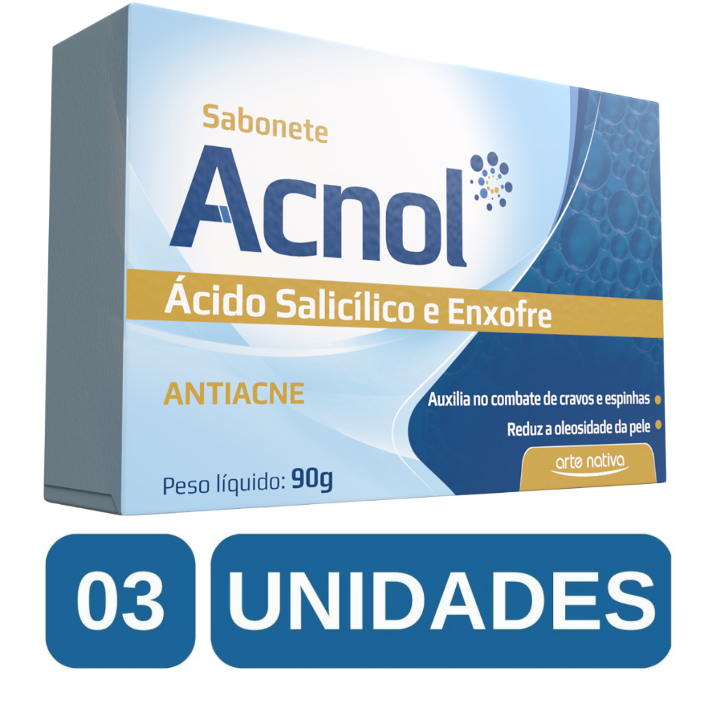 Kit 3 Sabonetes Acnol Arte Nativa Antiacne em Barra para Cravos e Espinhas com Enxofre e Ácido Salicílico – 90g cada