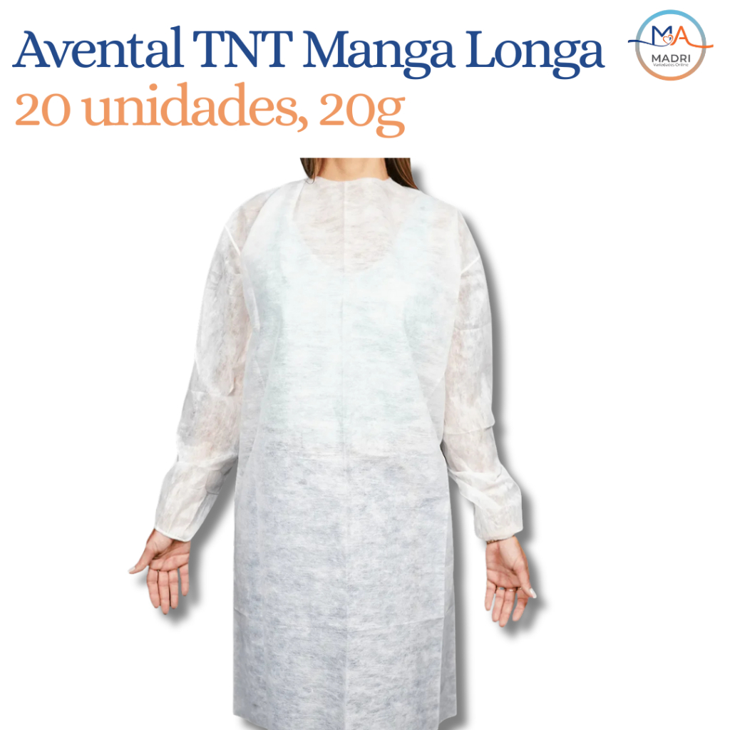 Kit c/ 20 Avental Descartável TNT G20 | BRANCO - Manga Longa c/ Amarração Regulável na Cintura em Oferta na Shopee