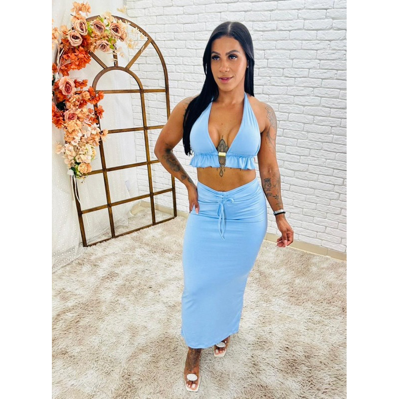 Conjunto Saia Longa Com Fenda e Cropped Cortininha festas em Oferta na Shopee