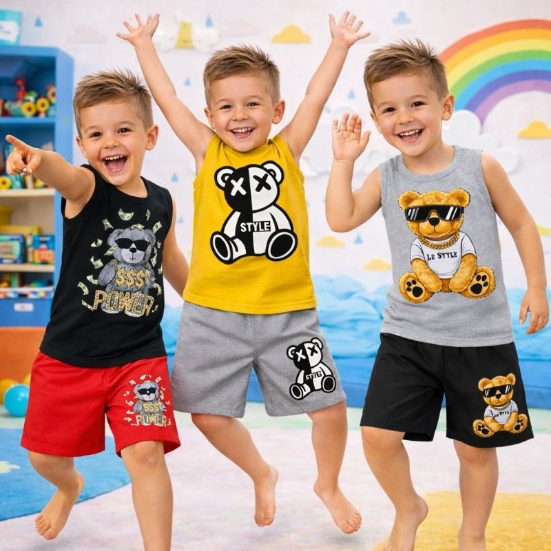 Conjunto Infantil Menino Regata e Bermuda Estampa Urso Look Casual Confortável em Oferta na Shopee