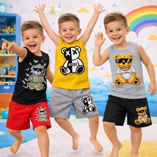 Conjunto Infantil Menino Regata e Bermuda Estampa Urso Look Casual Confortável em Oferta na Shopee