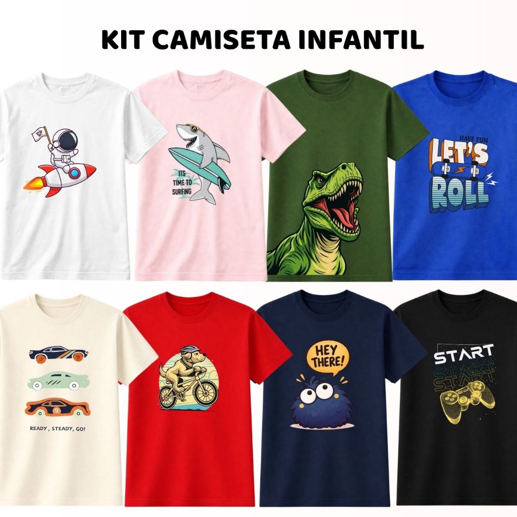 Kit até 5 Camisetas Infantil Masculina Estampas variadas 100% Algodão