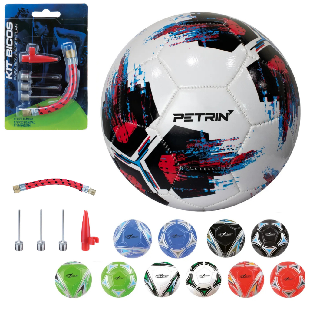 bola de futbol azul branca azul preta campo gramado society + bico para encher