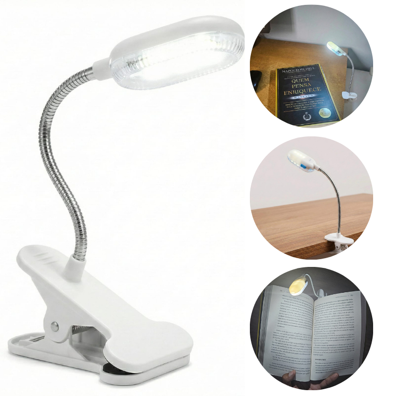 Luminária LED de Leitura com Clip, flexível e portátil. Luz branca potente,ideal para livros,estudos