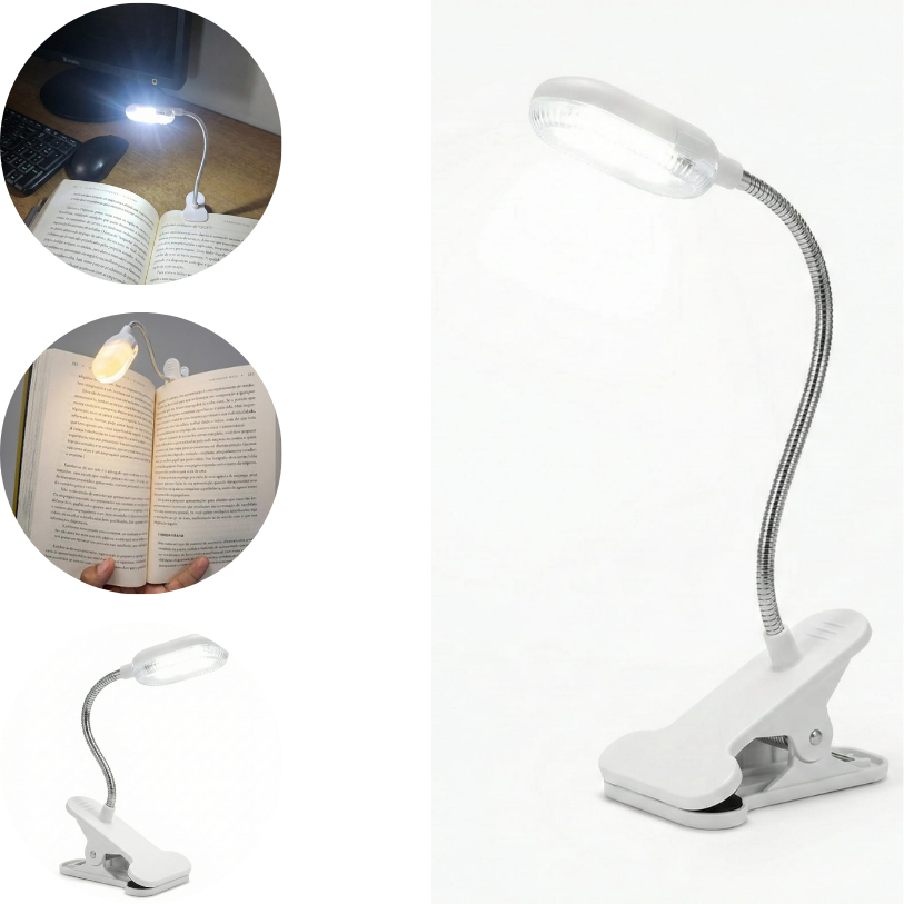 Luminária (Mini) Lanterna de mesa Clip Grampo P/ Leitura Livro Notebook