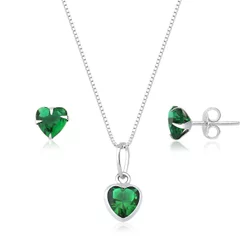 Conjunto Colar E Brinco Coração Prata 925 Pedra Verde