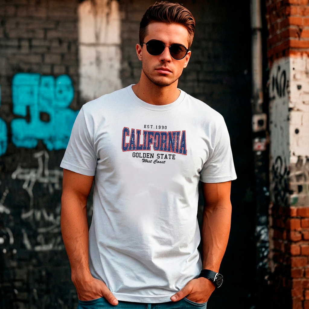Camiseta Basica Masculina Branca Algodão Gola Redonda Manga Curta Estampa State Califórnia Estilo Urbano Confortável