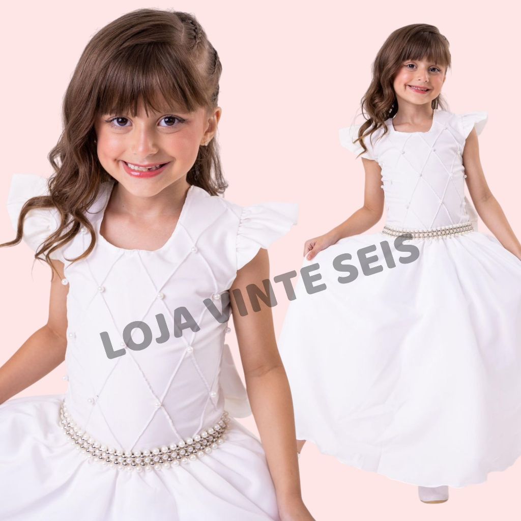 Vestido Branco Off Longo Infantil Longo Daminha Casamento Formatura Festa Luxo 1 ao 18 anos