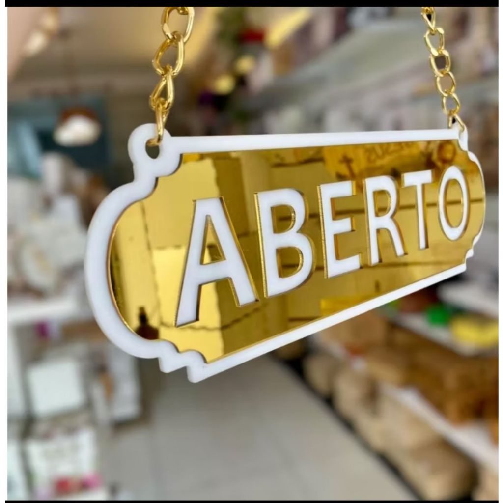 PLACA ABERTO E FECHADO EM ACRILICO ESPELHADO COM VENTOSA E CORRENTE