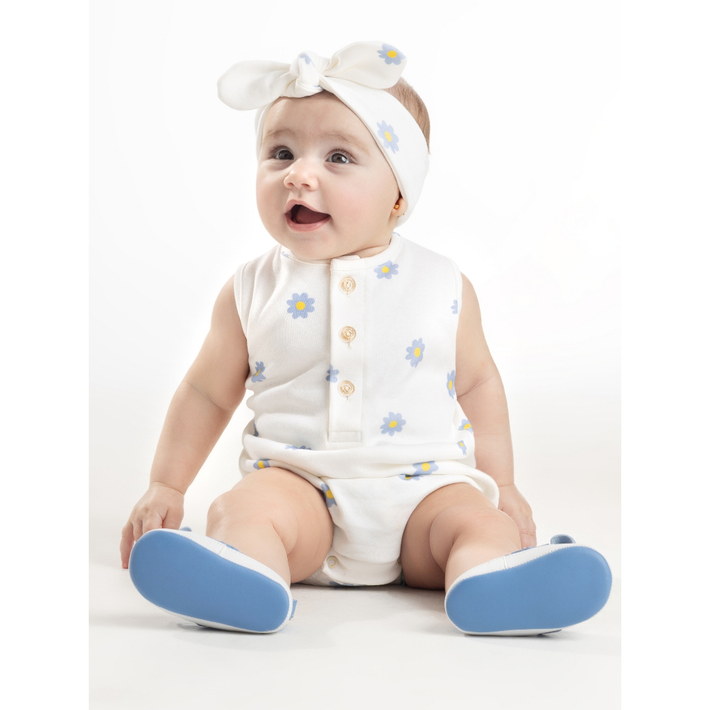 Romper Macacão Bebê Menina Algodão Premium com Botões Estampa Margaridas Verão