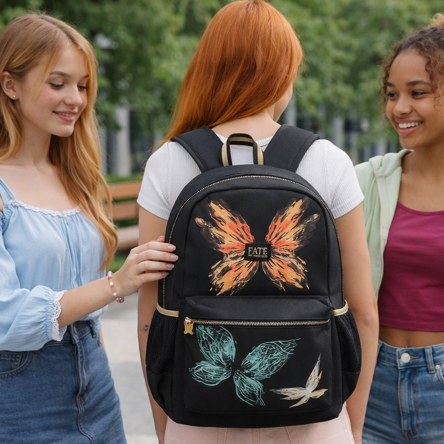 Mochila de Costa Juvenil Preta Escolar Reforçada Espaço para Notebook Fada Fate Winx Clio Style