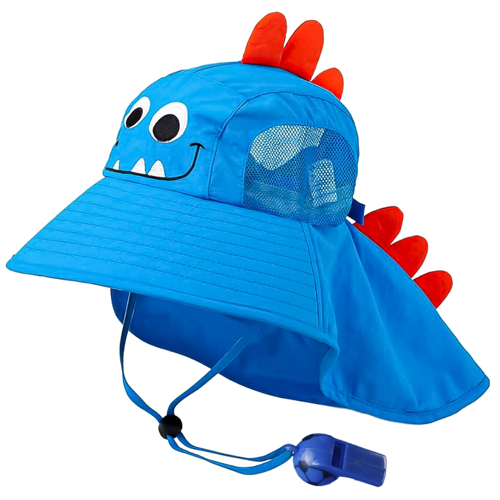 Chapéu Bucket Infantil Viseira De Praia Aba Grande Proteção Solar UV50+ Bichinhos Fofos com Apito