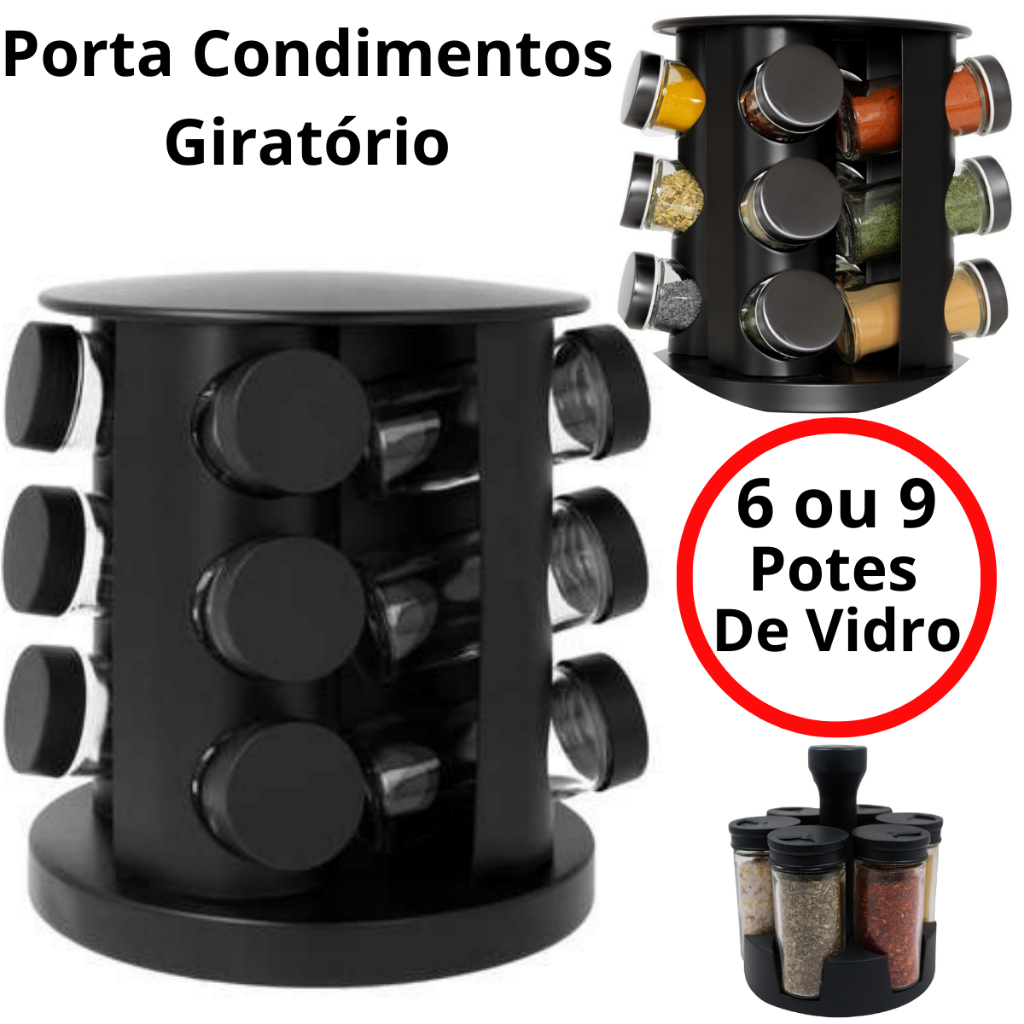 Porta Condimentos Temperos Giratório 6 e 9 Potes Vidro 90G com Tampa Dosadora Preto em Oferta na Shopee