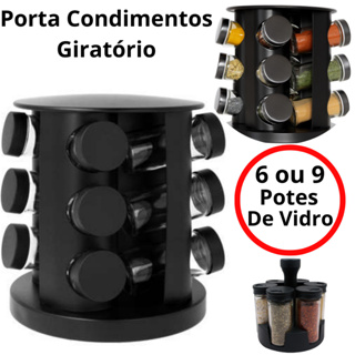 Porta Temperos Condimentos Giratório 6 e 9 Potes Vidro 90G com Tampa Dosadora Preto + Etiquetas Adesivas em Oferta na Shopee