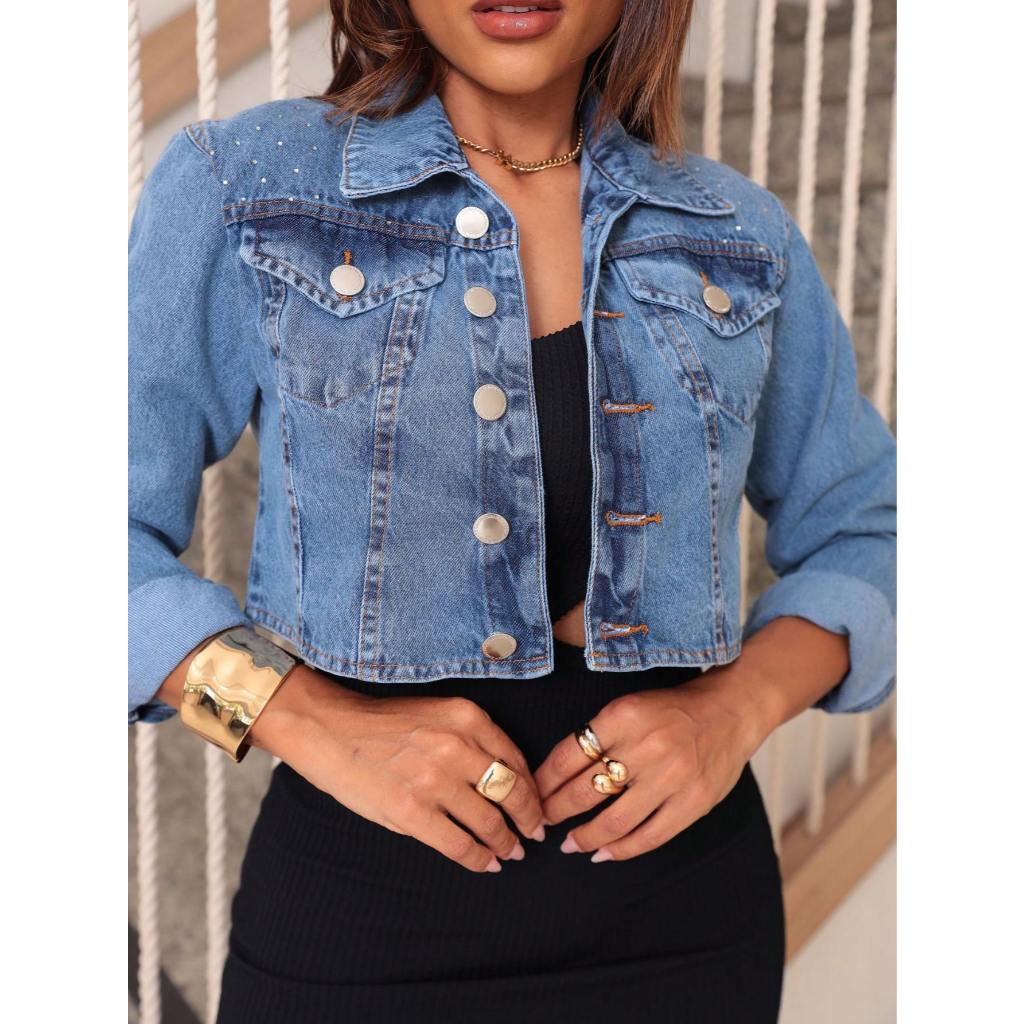 Jaqueta Jeans Feminina Cropped Premium com Pedrarias em Oferta na Shopee