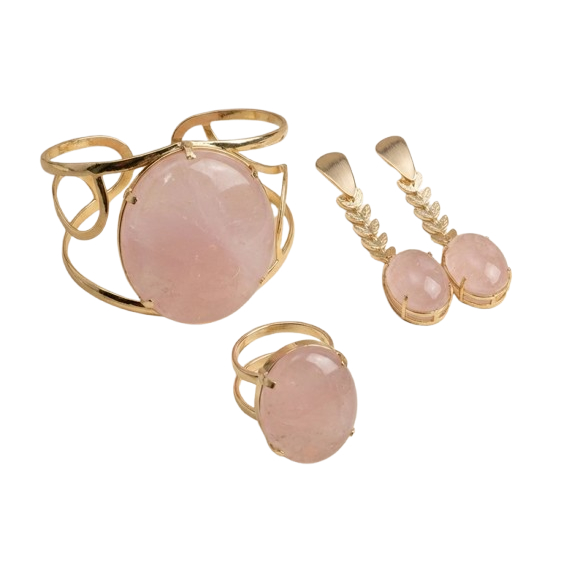 Conjunto Quartzo Rosa Bracelete Anel e Brinco Banhado a Ouro 18k Cabochão em Oferta na Shopee