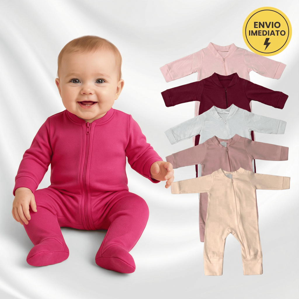 Kit 3 Macacão Zíper Menina Liso Bebê Feminino Algodão Vira Pé Inverno Infantil Macio Macacões