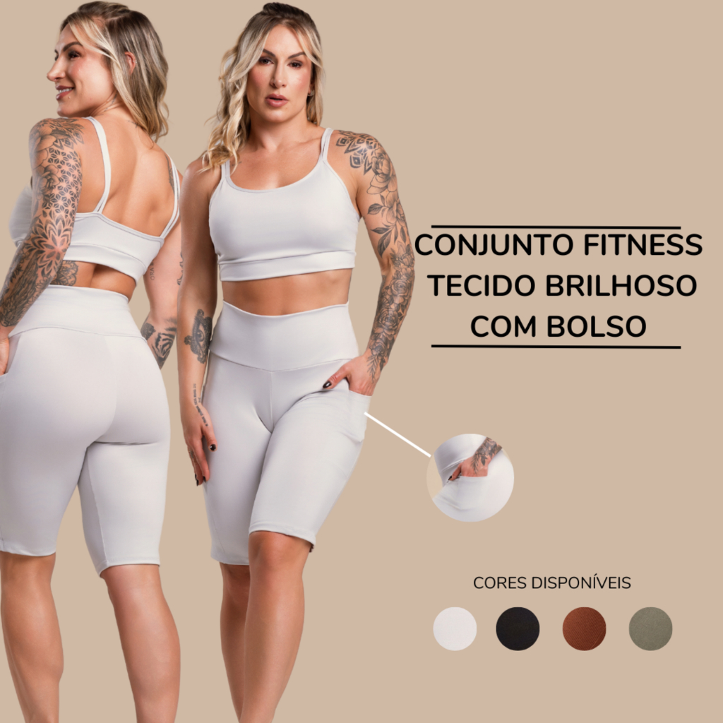 Conjunto Fitness Feminino Brilhoso Academia Top Alcinha e Bermuda Com Bolso Cintura Alta Brilho F7 NEW STYLE em Oferta na Shopee