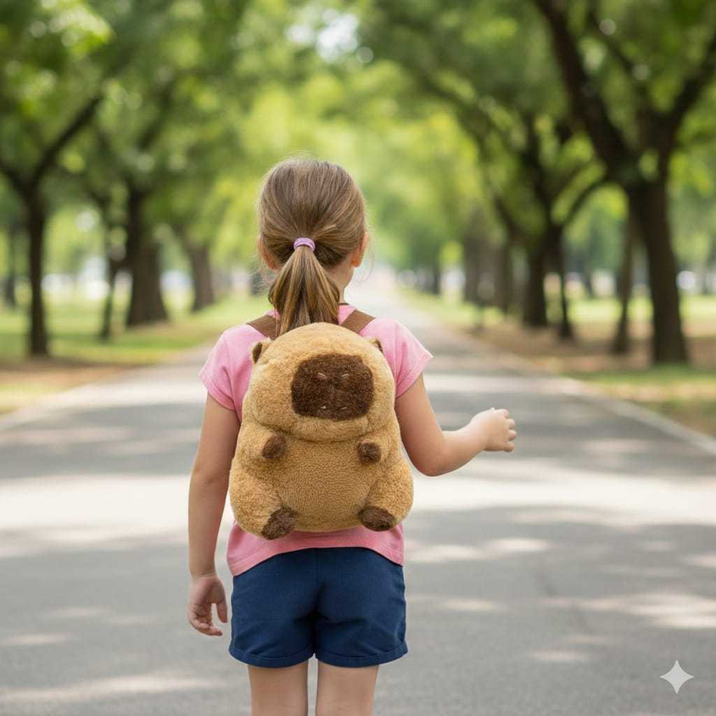 Mochila Infantil de Pelúcia Capivara Fofa com Zíper – Pequena e Leve