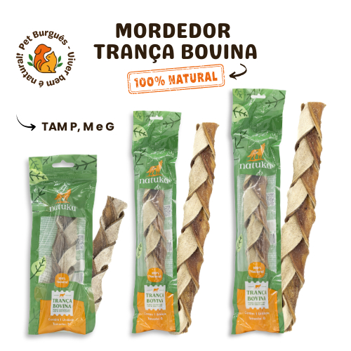 Trança de Pele Bovina Tam P, M e G Mordedor Natural Para Cães - Natuka
