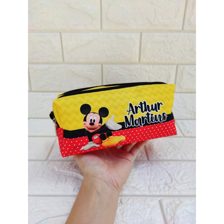 Estojo escolar Mickey, bolsinha Mickey, estojo duplo com nome, estojo 2 zíperes personagens
