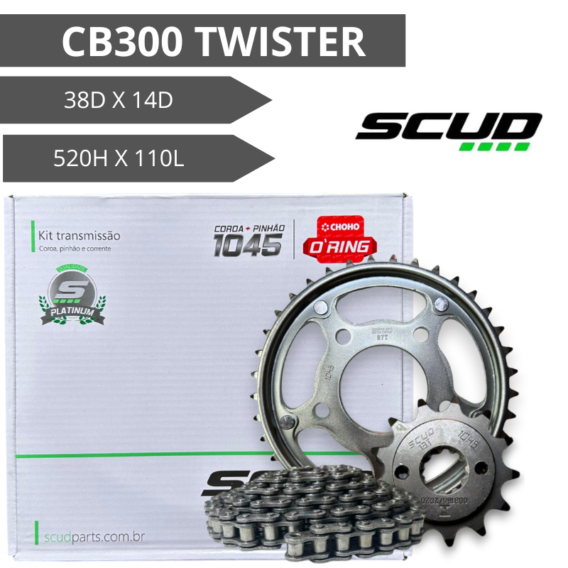 Kit Transmissão Relação Tração CB300 TWISTER COM RETENTOR Scud Prateado Kit Completo