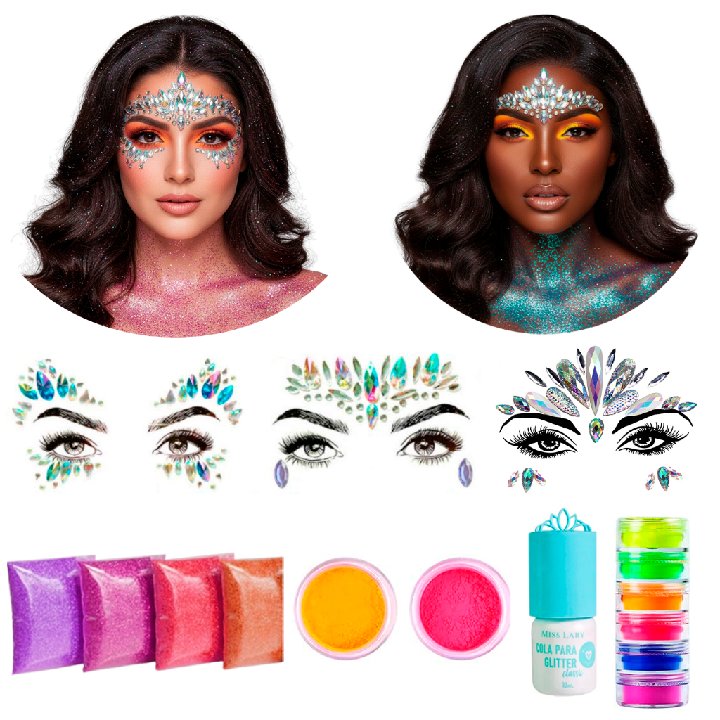 Kit Maquiagem Carnaval Gliter Pedrinha Adesivo Rosto e Corpo