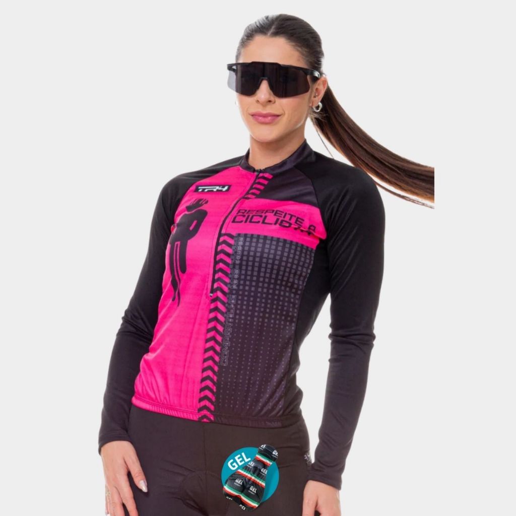 Roupa Ciclismo Feminino Blusa Manga Comprida Short Bermuda Gel Conforto Bike Pedal Speed