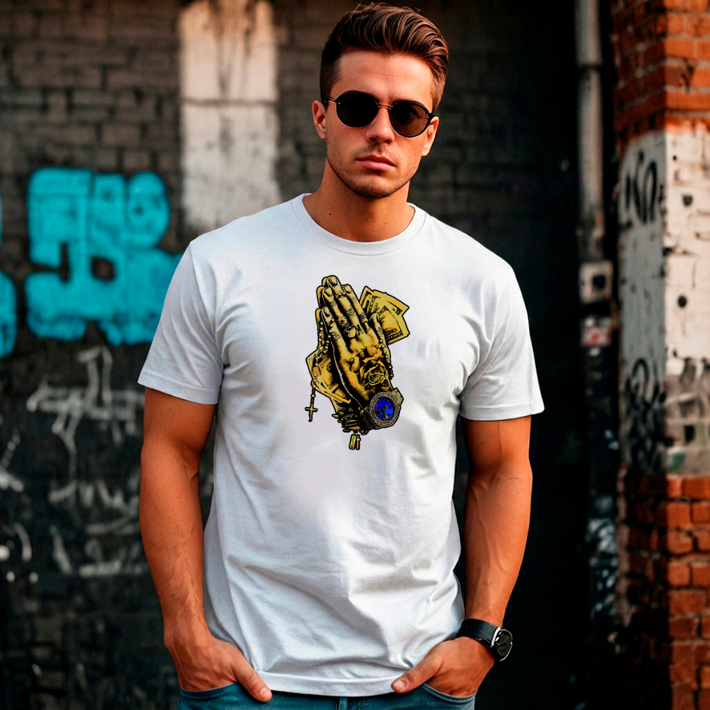 Camiseta Basica Masculina Branca Algodão Gola Redonda Manga Curta Estampa Mãos De Midas Estilo Urbano Confortável Macia