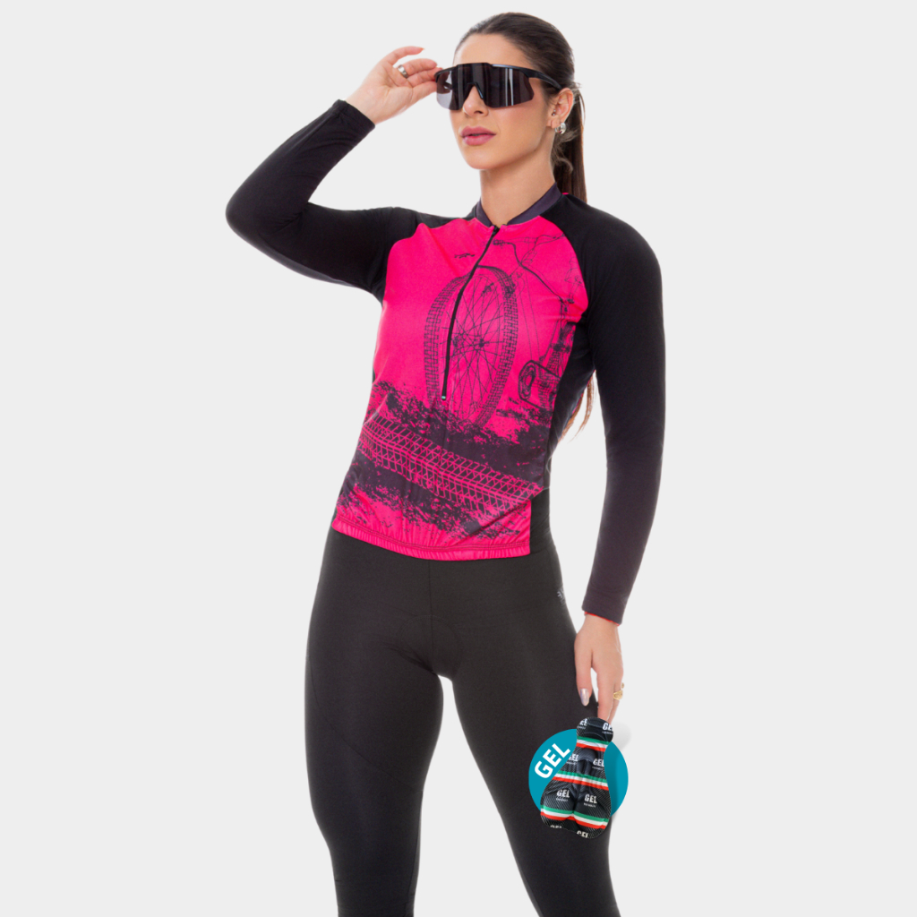 Conjunto Feminino Mulher Ciclismo Camisa Blusa Manga Longa Calça Acolchoada Gel Pedalar Bike