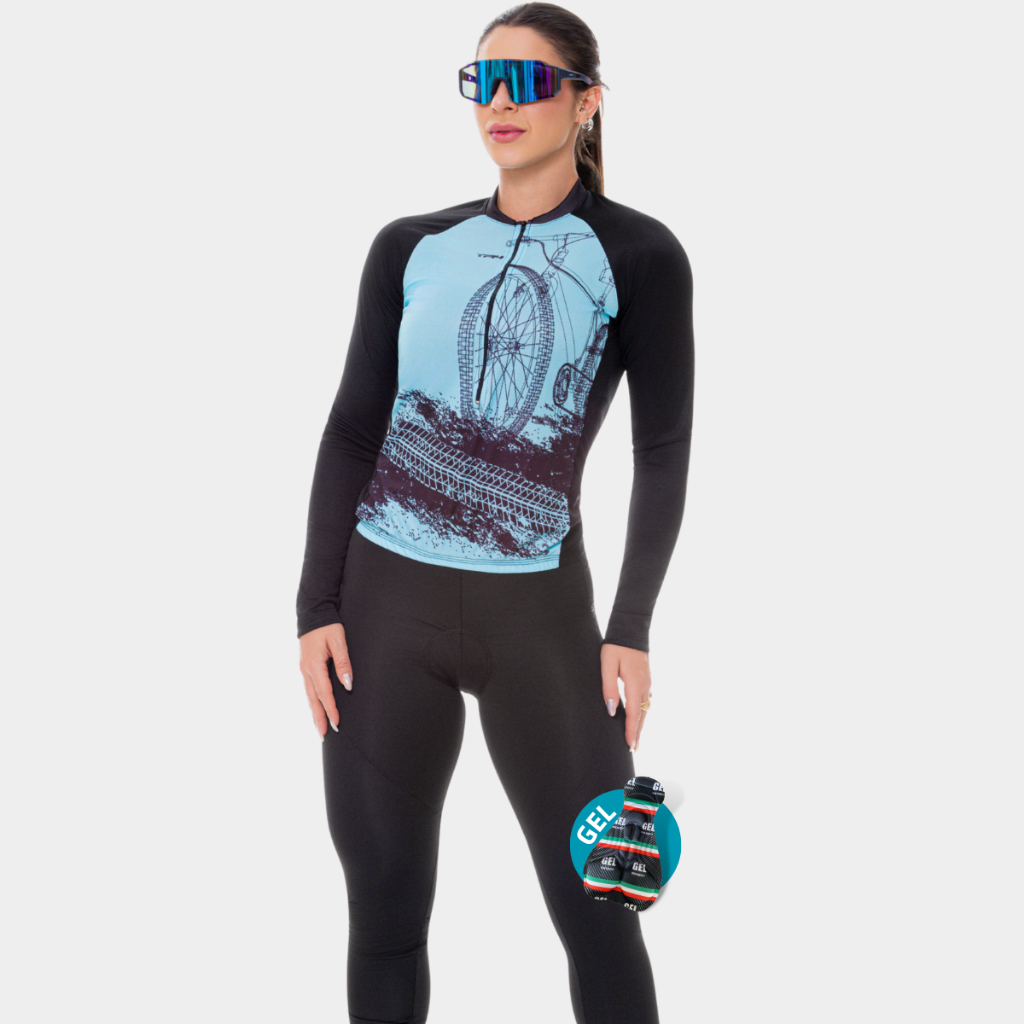 Roupa Ciclismo Feminino Conjunto Calça Forrada Gel Camisa Blusa Manga Longa Bike Bicicleta Mtb