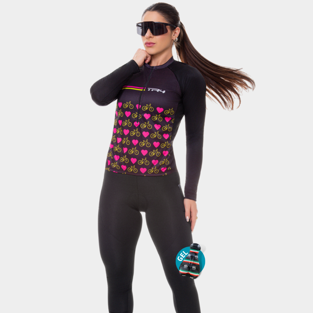 Kit Conjunto Feminino Ciclismo Camisa Manga Longa Pro Uv Calça Forro Gel Bike Pedalar