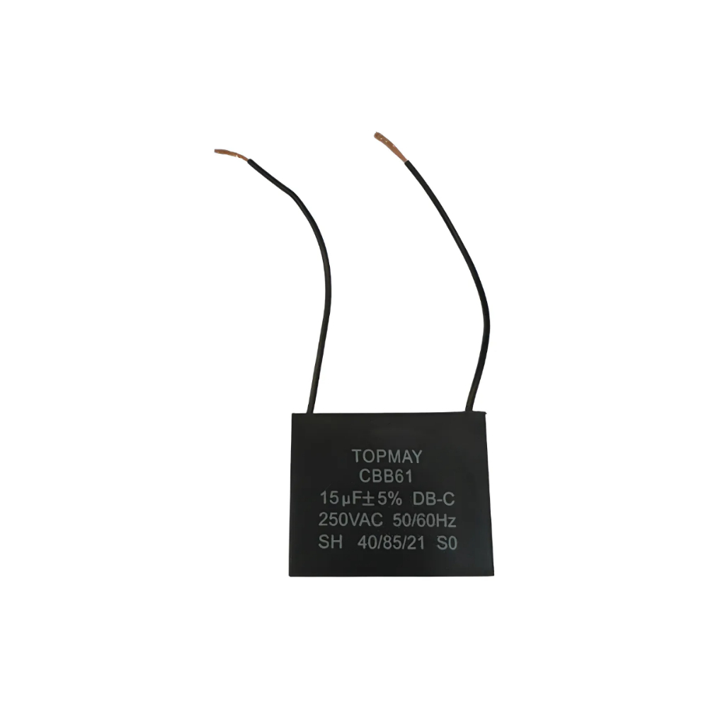 Capacitor para Ventilador 15uF 250V Tipo Retangular CBB61 com Fio I Capacitor de Partida 15uF x 250V