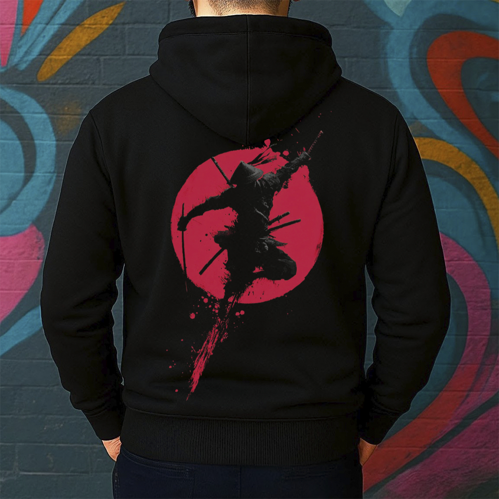 Blusa de Moletom Canguru Estampada Samurai Atacando Masculina Confortável Do Tamanho P ao GG
