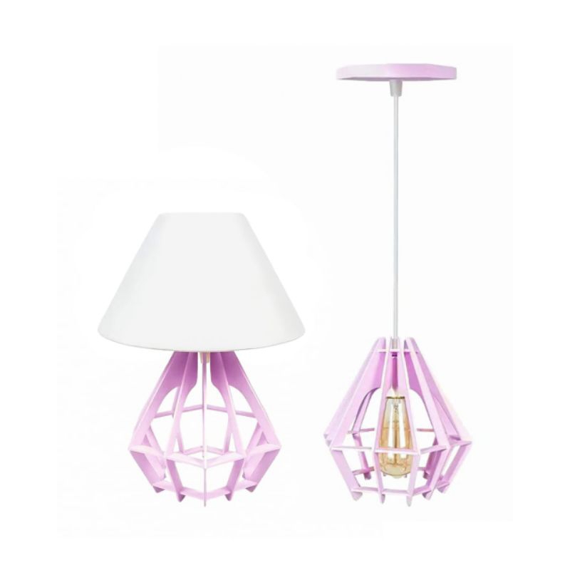 Kit Luminária Lustre Pendente Diamante Rosa Bebê E Abajur Luminária Mesa Base Diamante Madeira Mdf Cúpula Tecido Branca