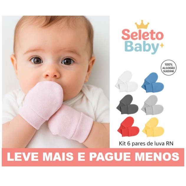 Kit 3 ou 6 Pares Luvas RN Bebê Recém-Nascido 100% Algodão Suedine Cores Neutras Kit 3 ou 6 Pares Luvas RN Bebê Recém-Nascido 100% Algodão Suedine Cores Neutras