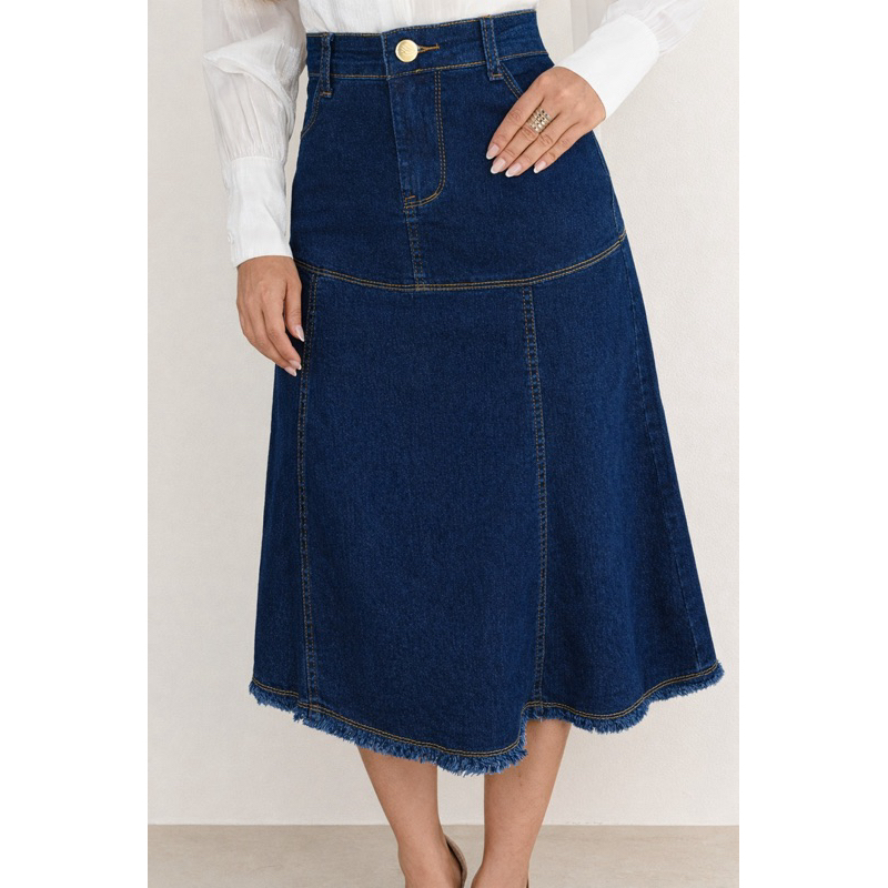 Saia Jeans Evangélica Midi Feminina Evasê Flaire Lavagem Escura Cintura Alta Modesta Premium Moderna