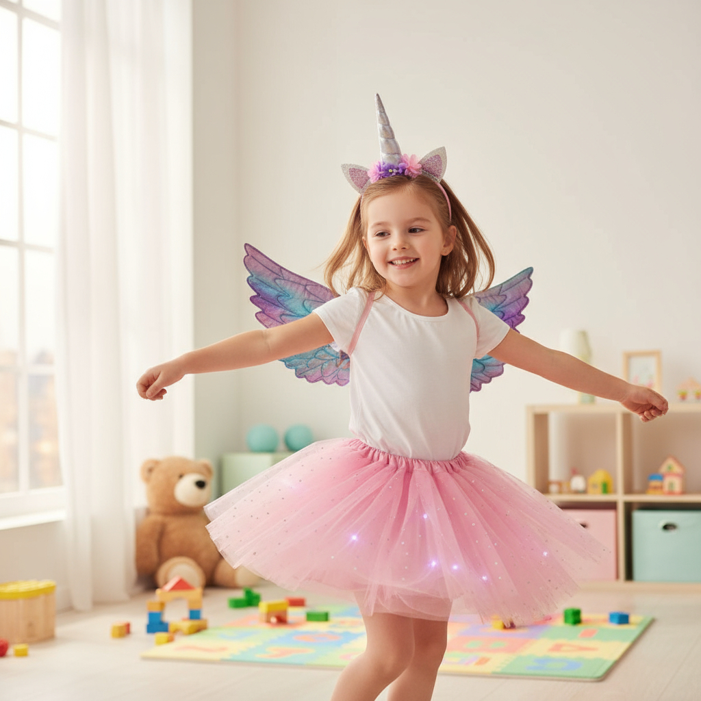 Fantasia Infantil Unicórnio com Luz Led na Saia + Tiara +Asa Fantasia Carnaval Halloween Festa Folia Menina Rosa