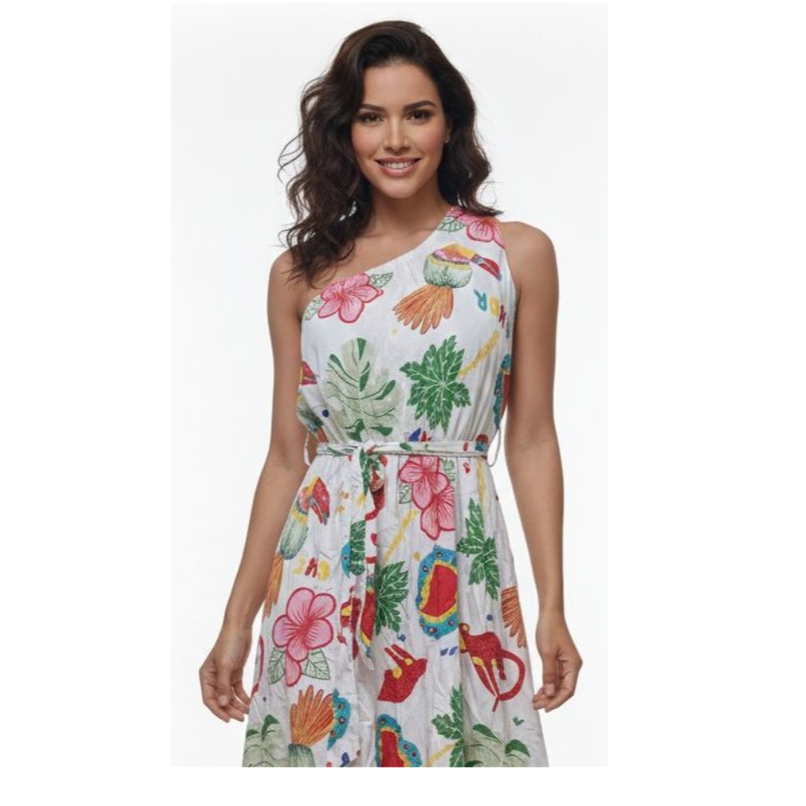 Vestido Feminin Estampado Tropicalo curto midi elegante  verão soltinho estiloso com bojo y elaxtex