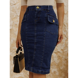 Saia Jeans Feminina Moda Evangélica Bolso Frontal - Ref. S015 em Oferta na Shopee