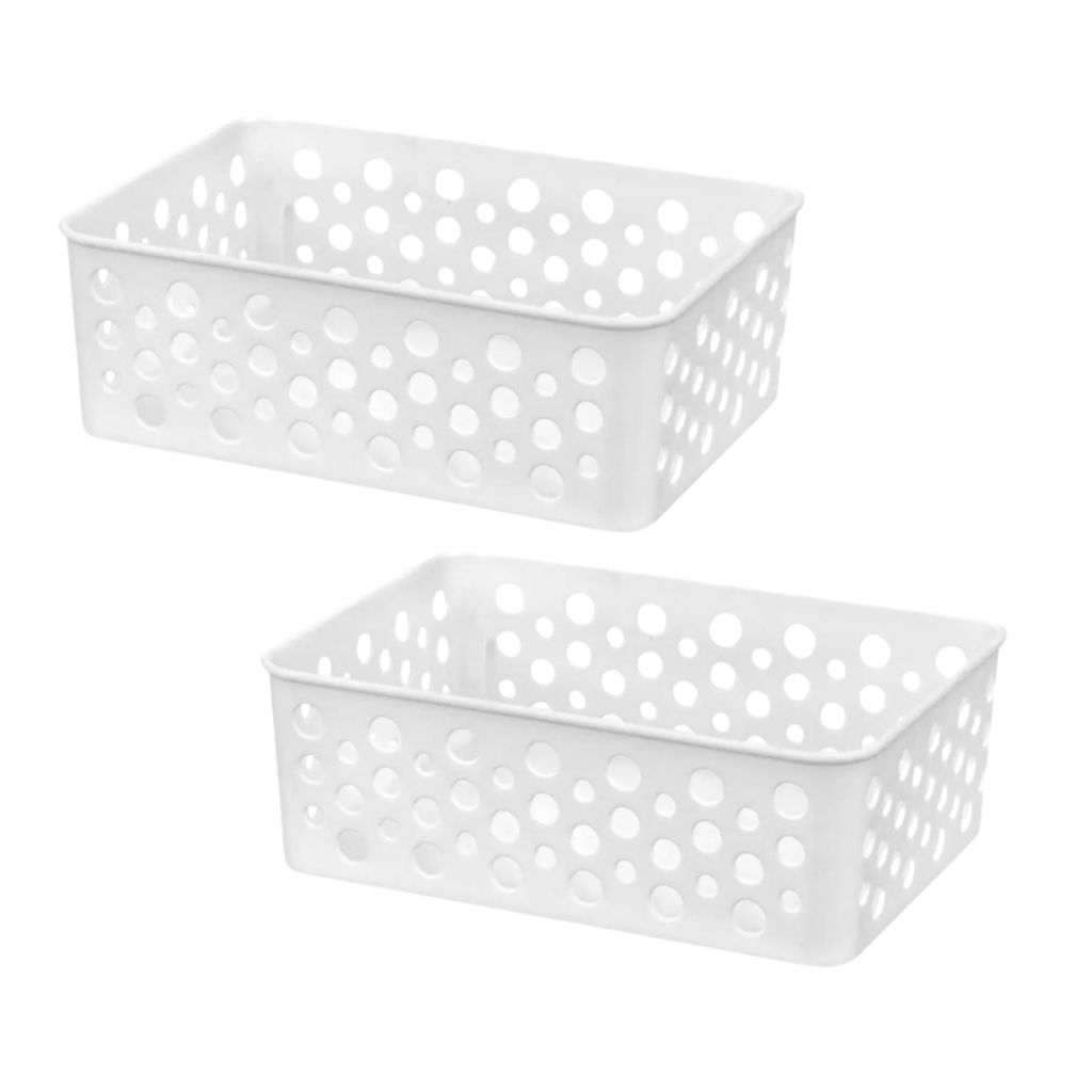 2 Cestos Organizadores Branco Rattan Armario Lavanderia Gaveta Usual Utilidades - Tam P