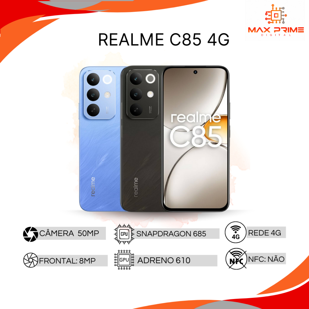 Realme C85 4G,Câmera 50MP, Bateria 7000mAh, 256GB/8GB RAM, Processador Qualcomm Snapdragon 685, Versão Global
